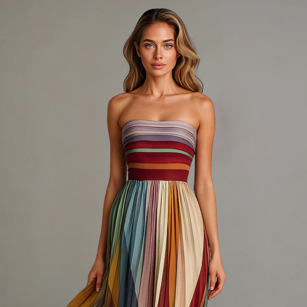Breezy Women's Colorful Pleated Strapless Maxi Dress