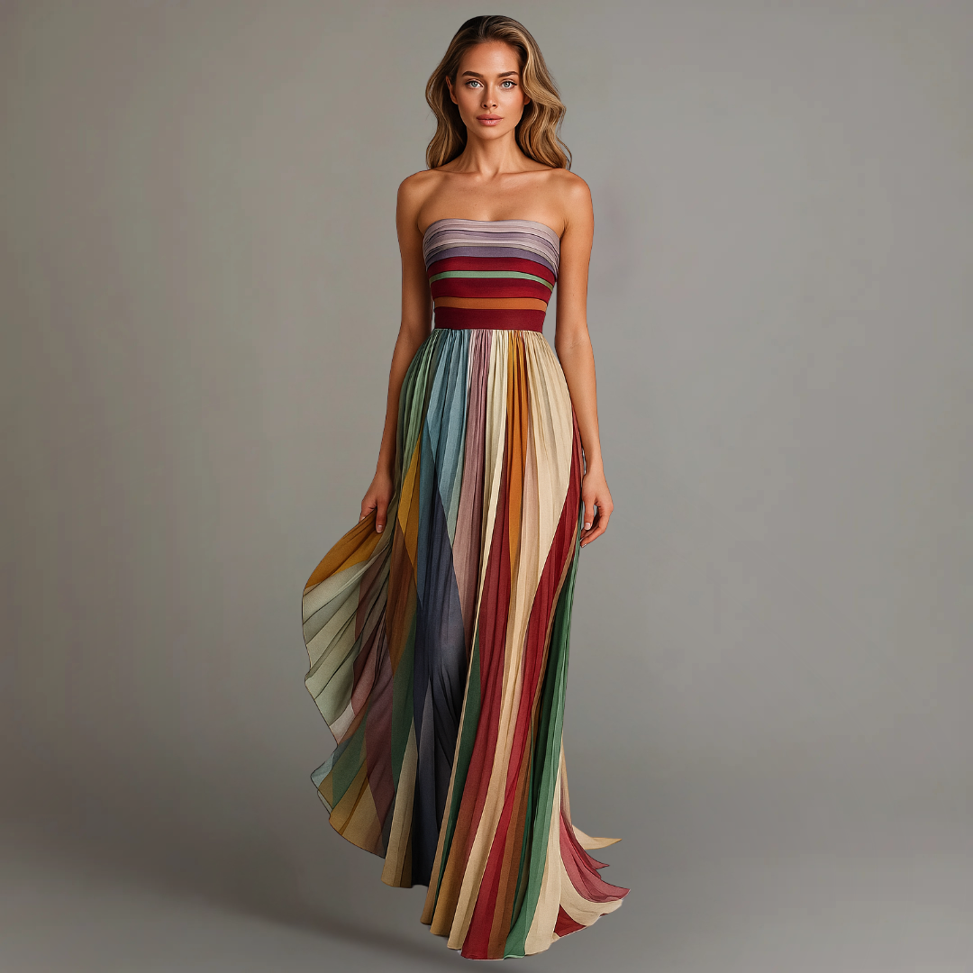 Breezy Women's Colorful Pleated Strapless Maxi Dress
