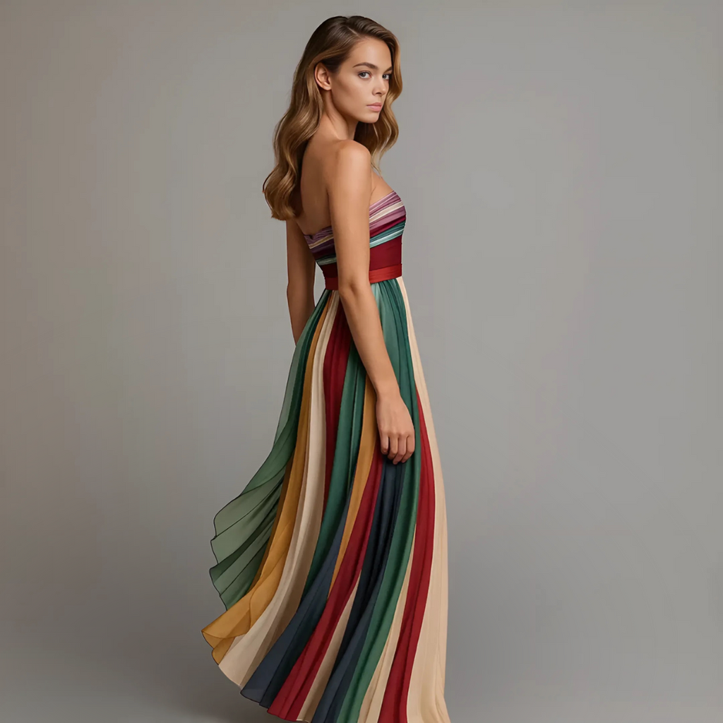 Breezy Women's Colorful Pleated Strapless Maxi Dress
