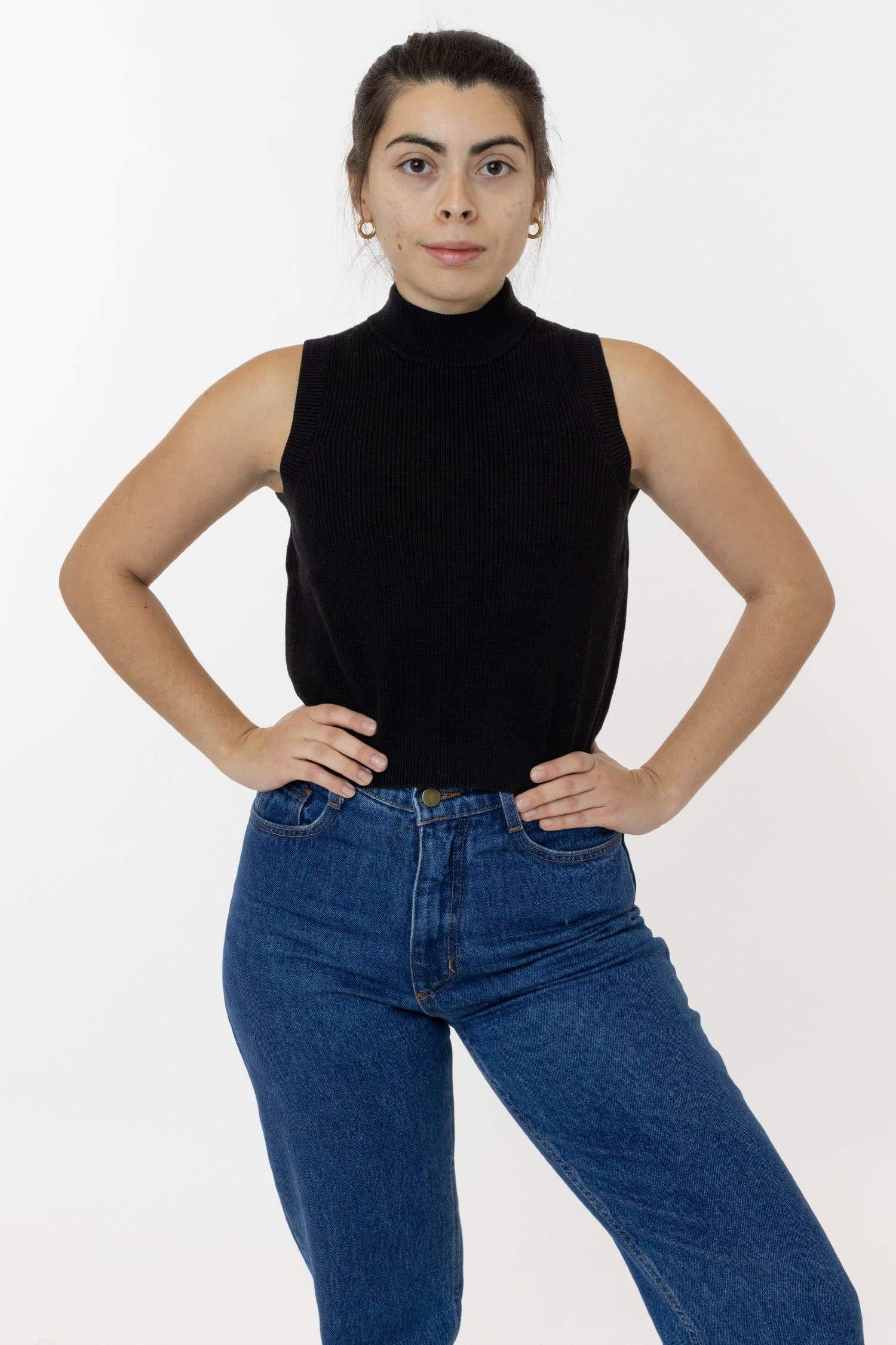 Cozy Cotton Knit Sleeveless Mock Neck Sweater
