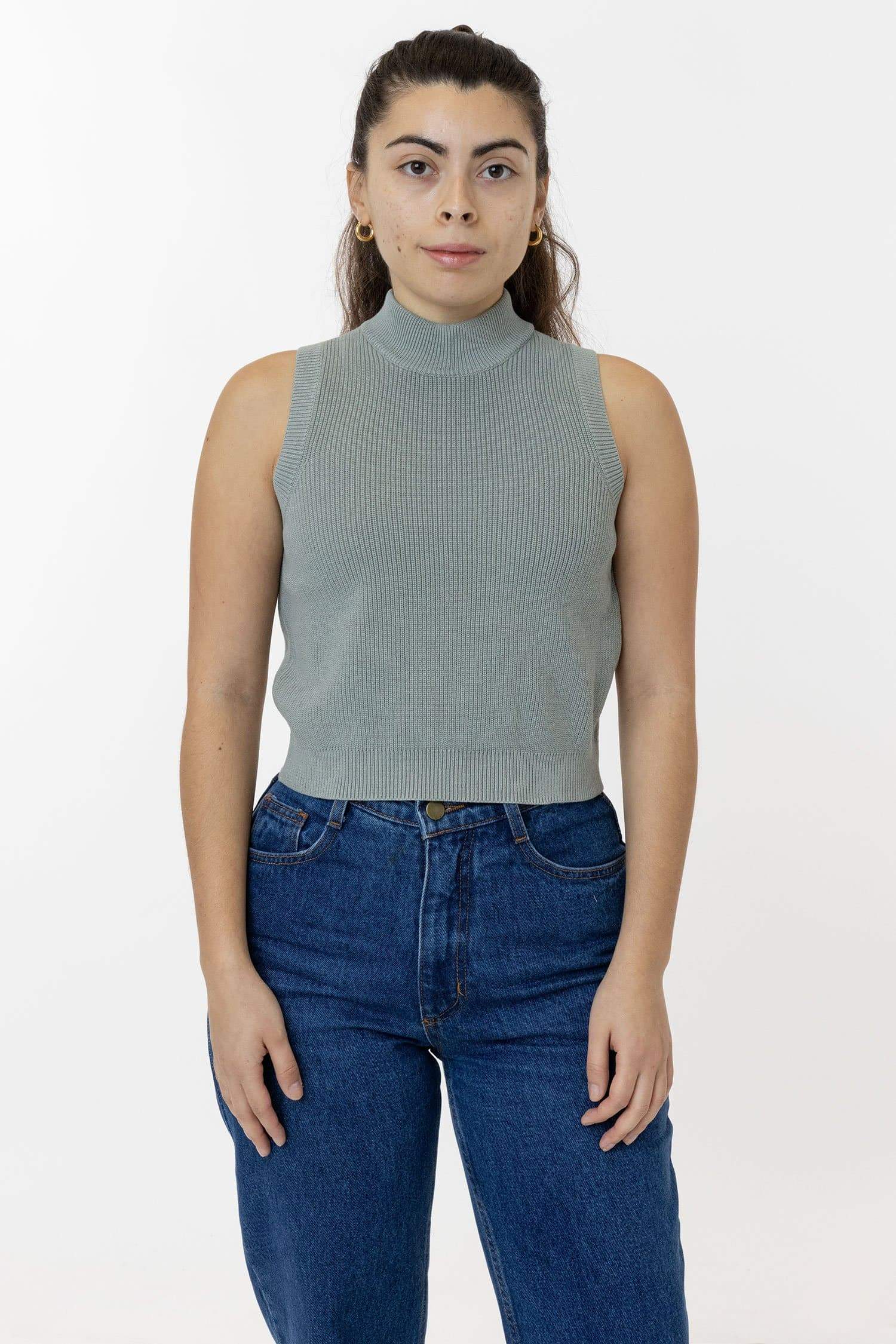 Cozy Cotton Knit Sleeveless Mock Neck Sweater