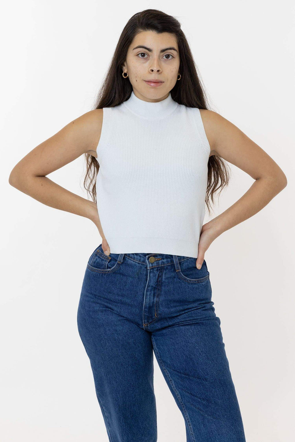 Cozy Cotton Knit Sleeveless Mock Neck Sweater