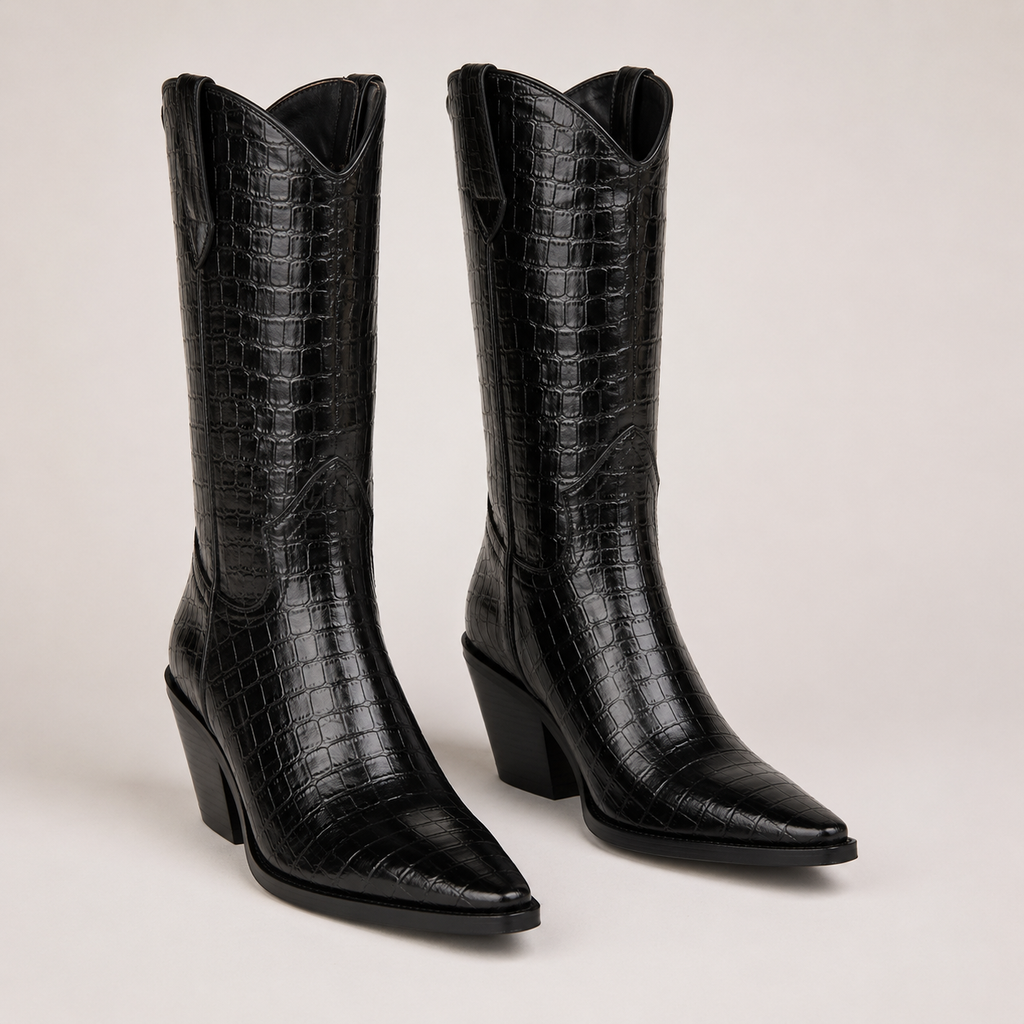 Caldwell Croc-Embossed Western Boot — Black