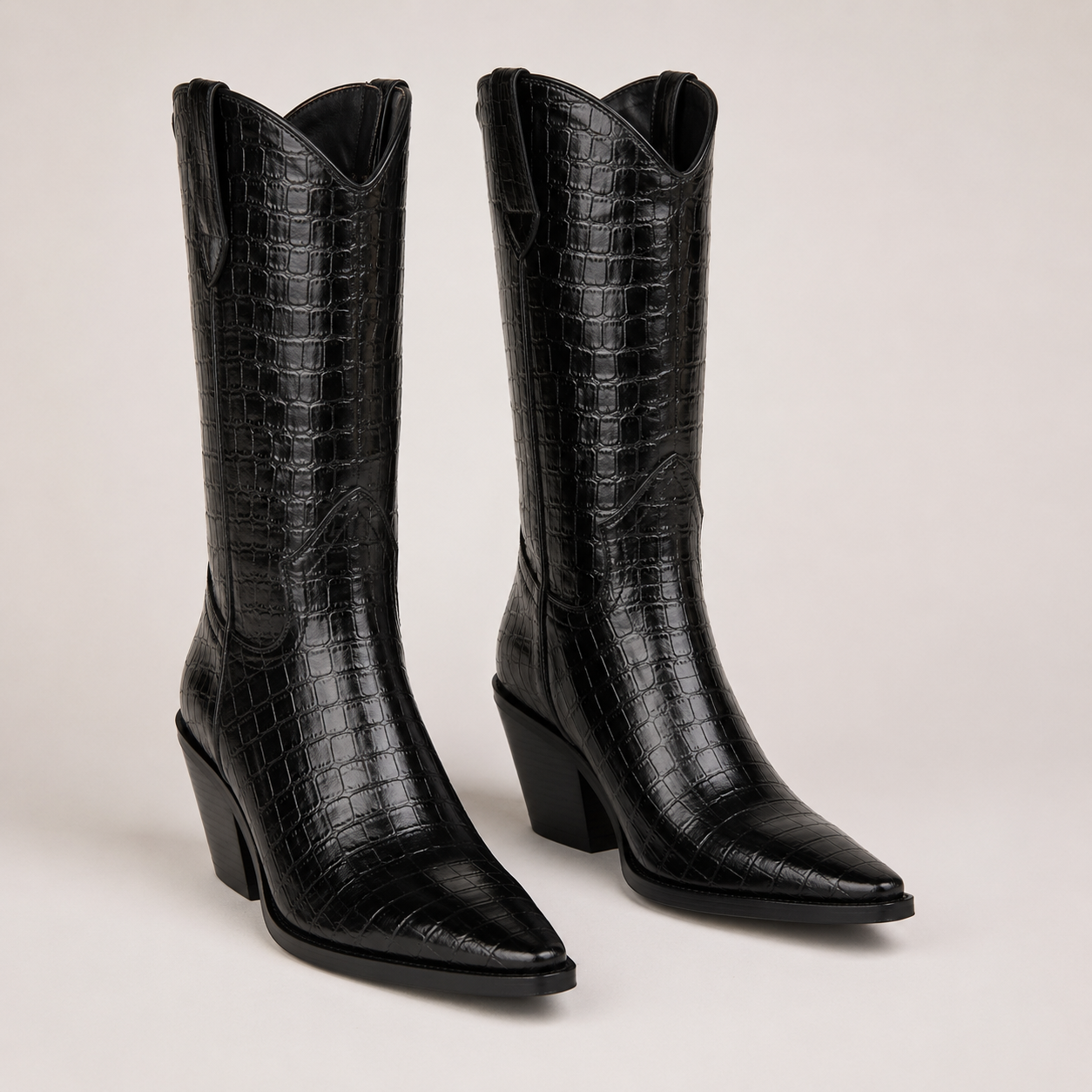 Caldwell Croc-Embossed Western Boot — Black