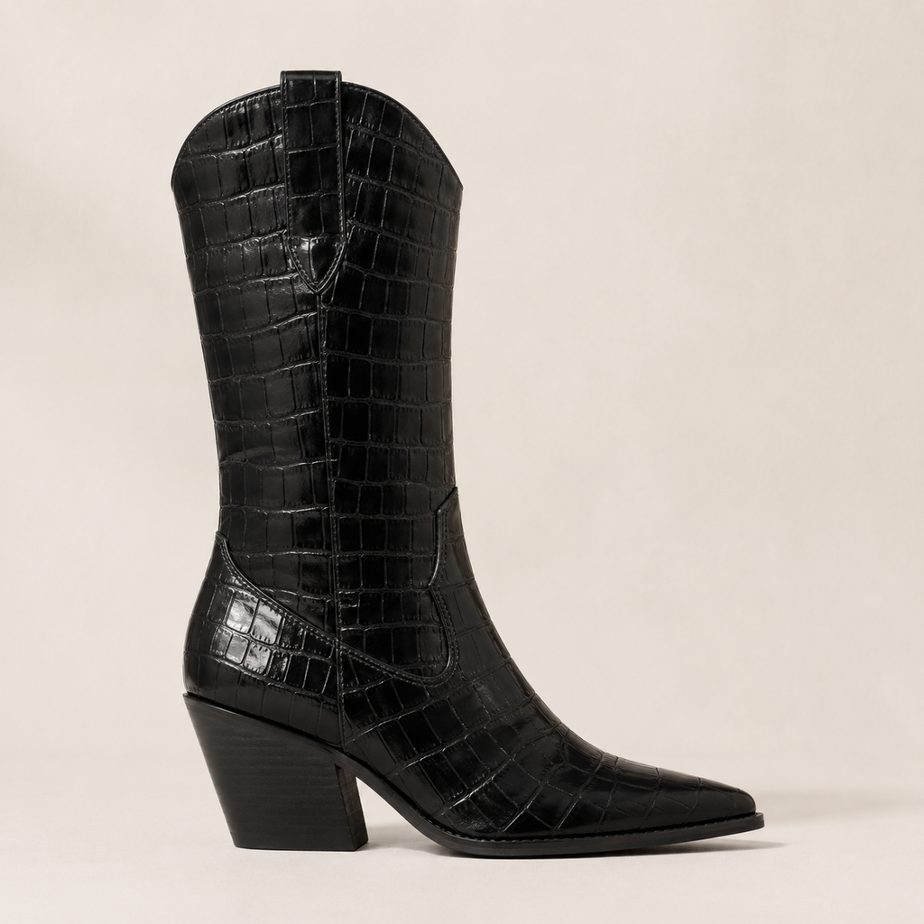 Caldwell Croc-Embossed Western Boot — Black