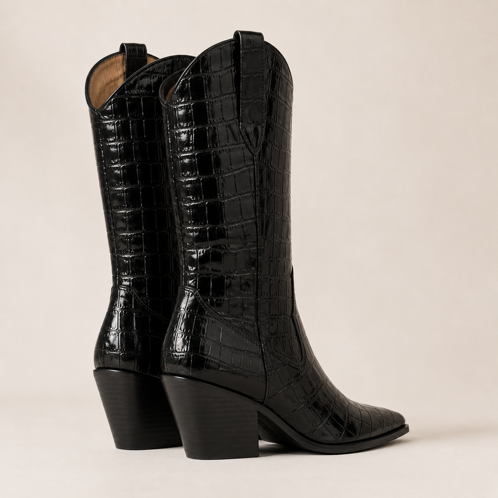 Caldwell Croc-Embossed Western Boot — Black