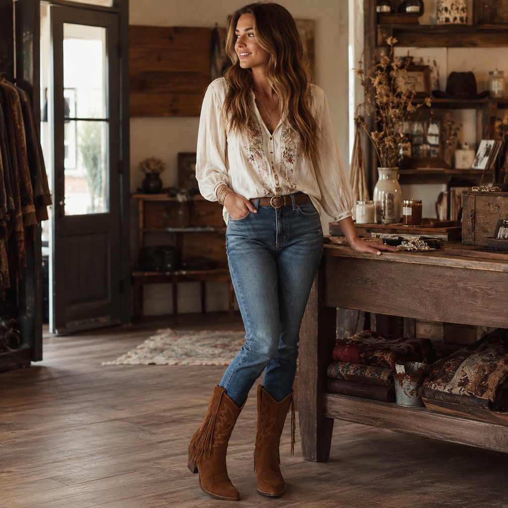 Caldwell Fringe Suede Western Boot — Cognac