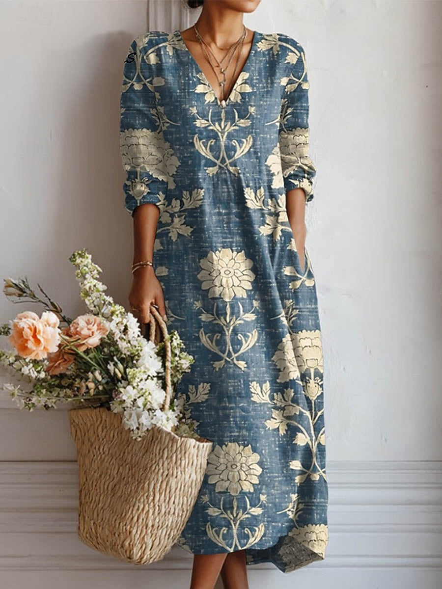 Breezy Women's Boho Floral Linen Midi Dress with Pockets