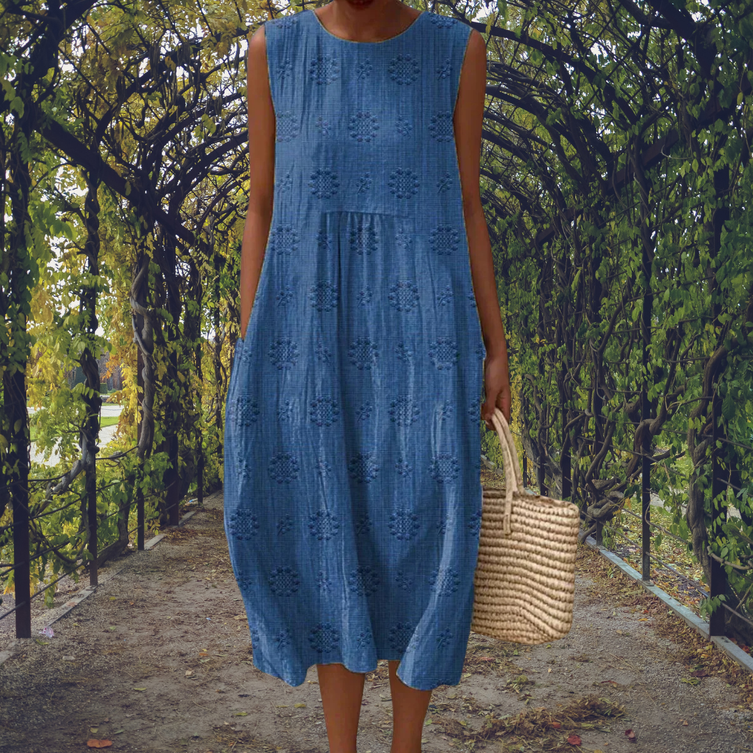 Breezy Women's Embroidered Cotton Sleeveless Midi Dress