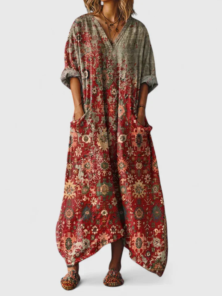 Breezy Women's Boho Maxi Dress with Front Pocket Cotton Print