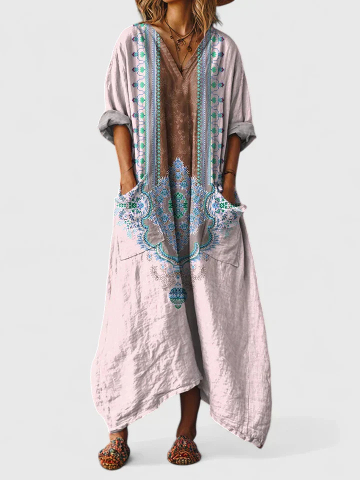 Breezy Women's Boho Maxi Dress with Front Pocket Cotton Print