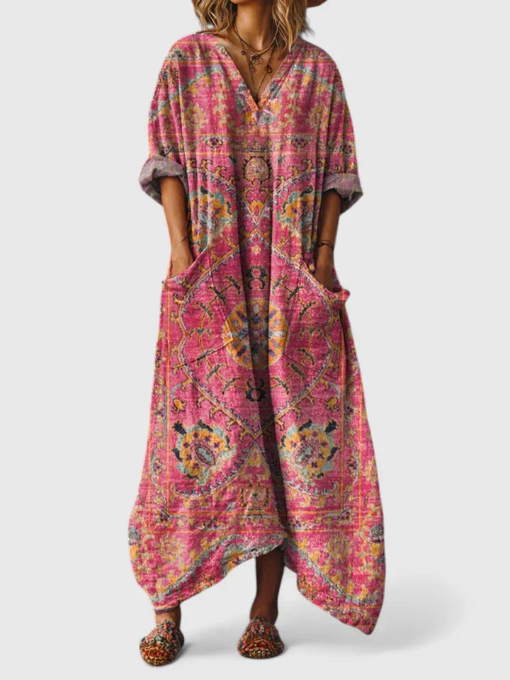 Breezy Women's Boho Maxi Dress with Front Pocket Cotton Print