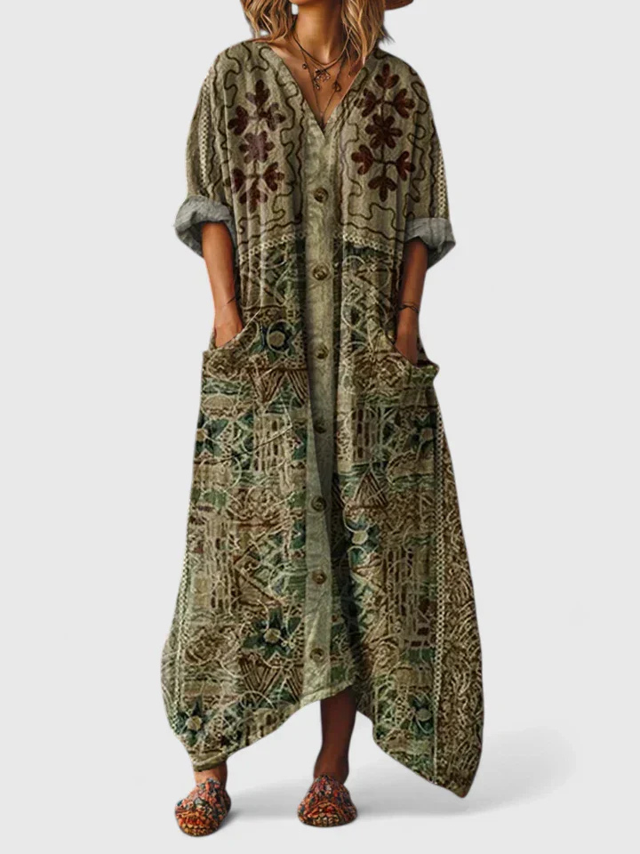 Breezy Women's Boho Maxi Dress with Front Pocket Cotton Print