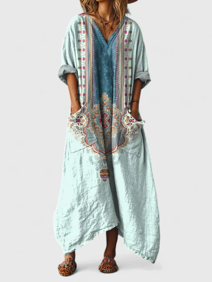Breezy Women's Boho Maxi Dress with Front Pocket Cotton Print