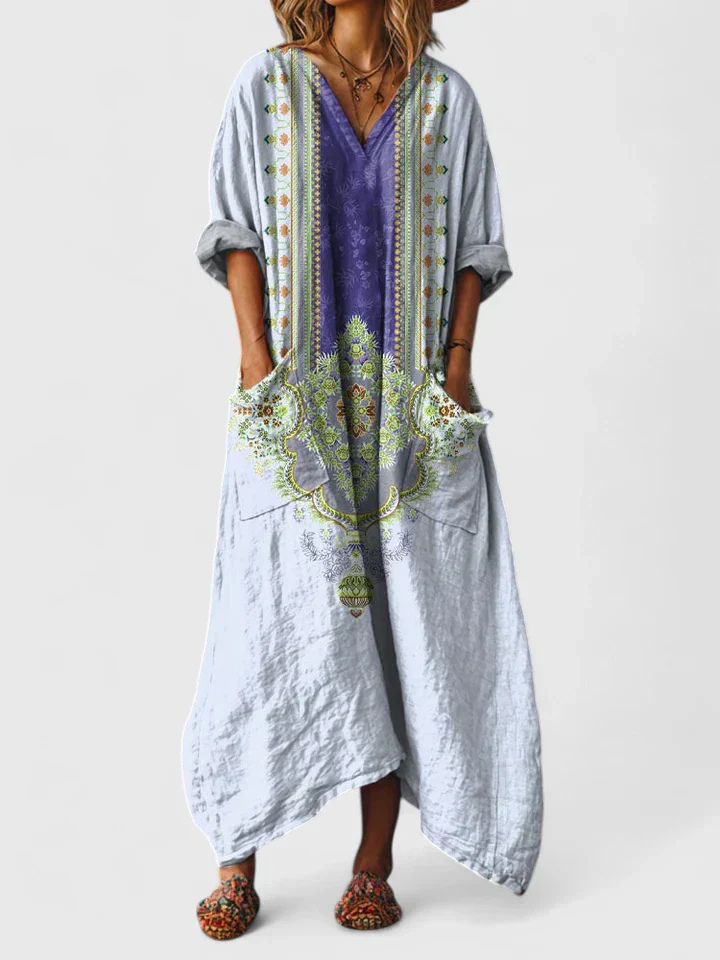 Breezy Women's Boho Maxi Dress with Front Pocket Cotton Print