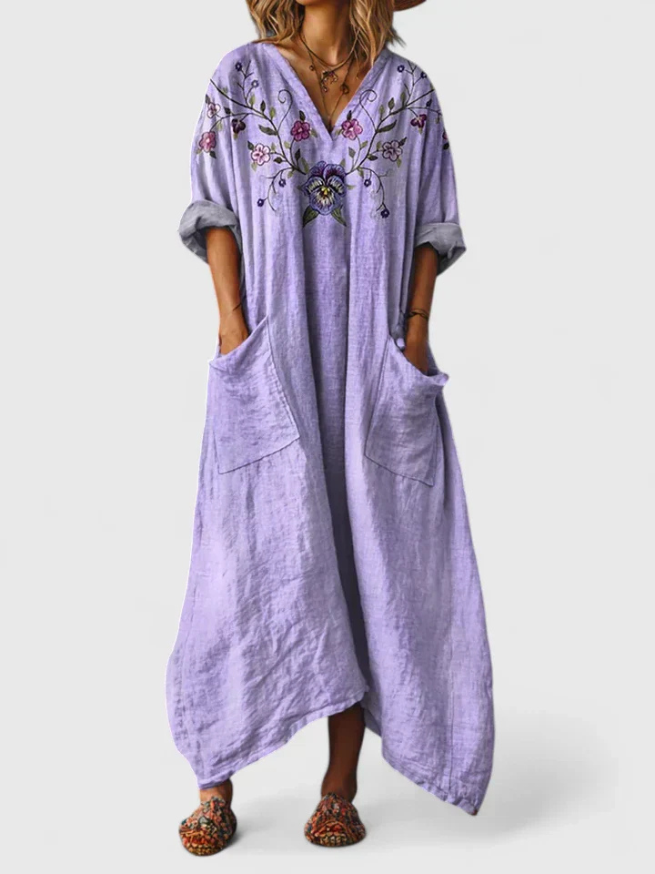 Breezy Women's Boho Maxi Dress with Front Pocket Cotton Print