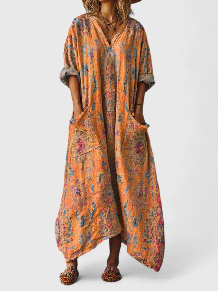 Breezy Women's Boho Maxi Dress with Front Pocket Cotton Print