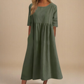 Flowy Sage Green Linen Midi Dress Women's Gathered Waist