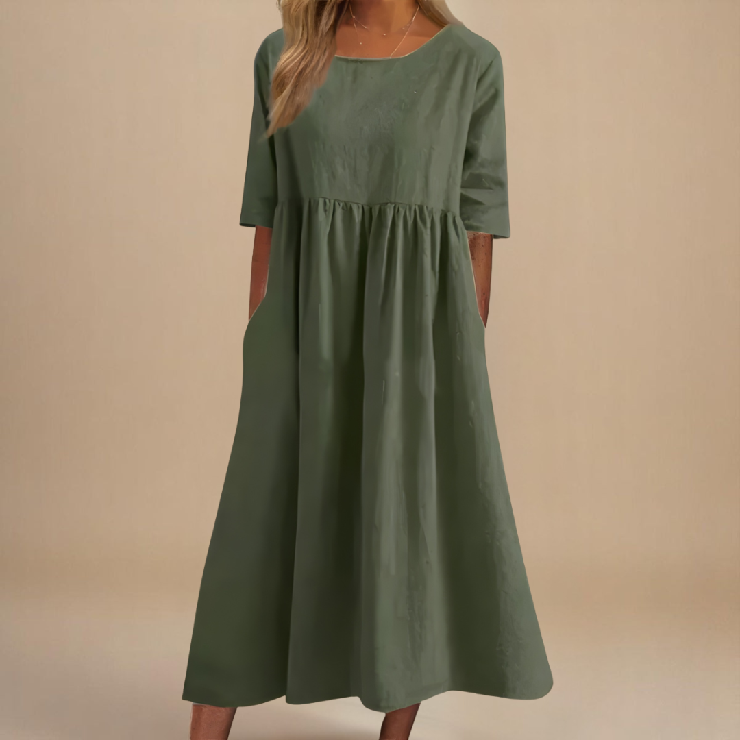 Flowy Sage Green Linen Midi Dress Women's Gathered Waist