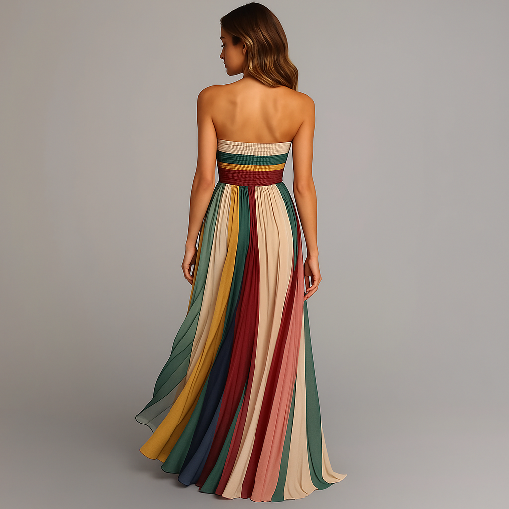 Breezy Women's Colorful Pleated Strapless Maxi Dress